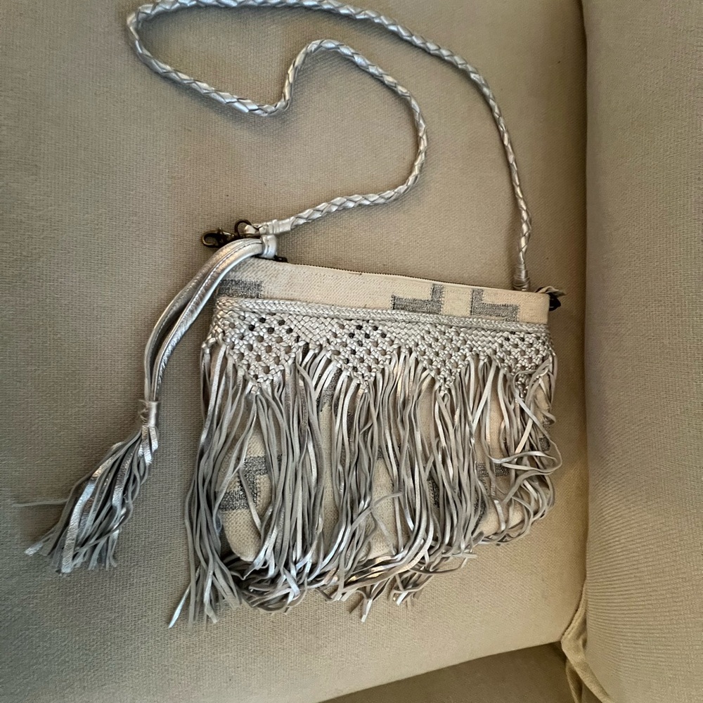 Anthropologie Silver and Cream Fringe Crossbody Bag